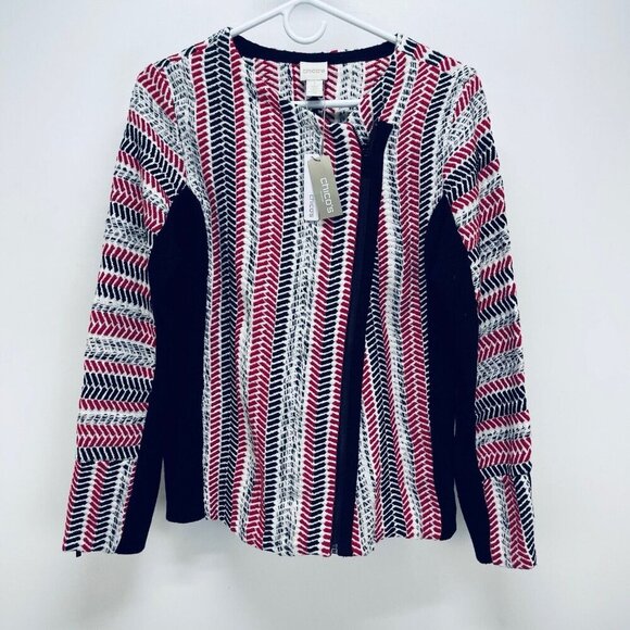 Chico’s Sweater Moto Jacket Size 1 Women’s Red White Black Pullover New - Picture 2 of 16